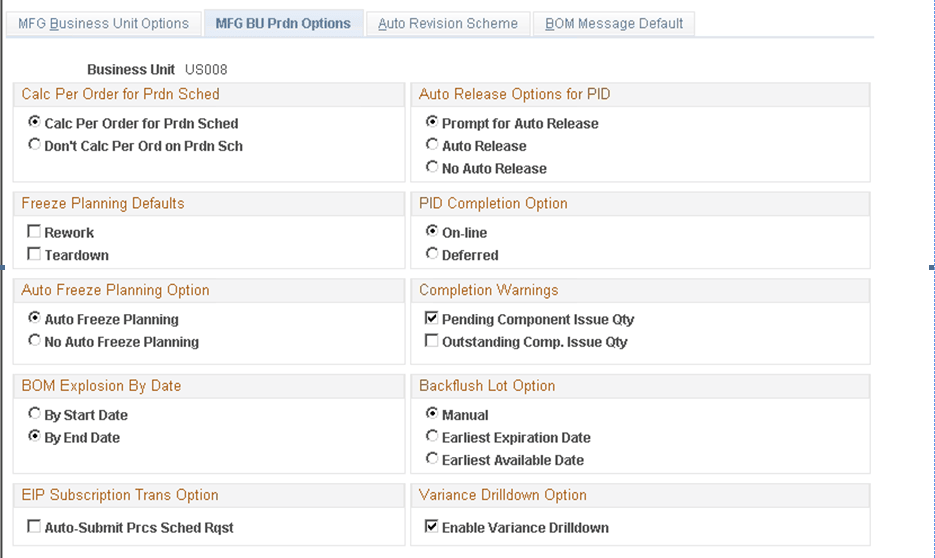 Manufacturing Business Unit Production Options page