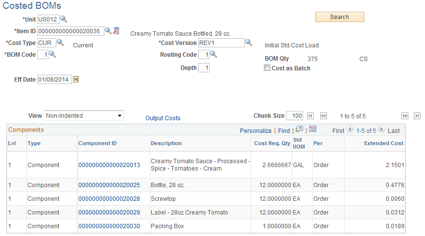 Costed BOM inquiry page