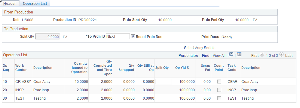 Production ID Split - Operation List page