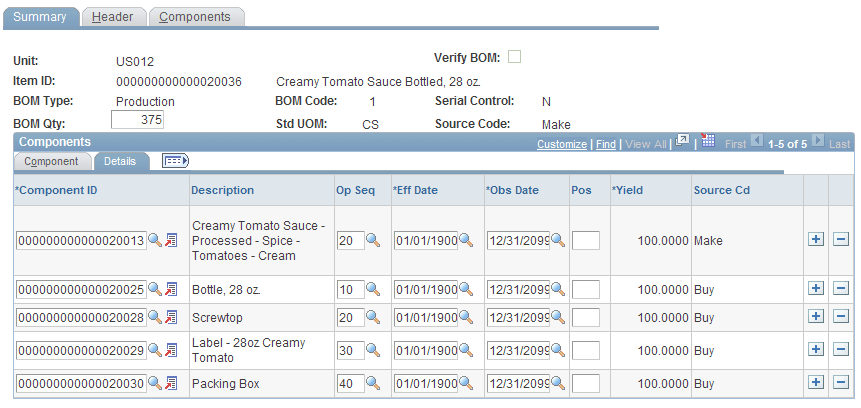 Manufacturing BOMs - Summary page: Details tab