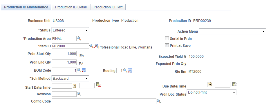 Production ID Maintenance page