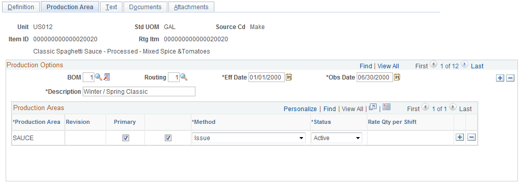 Define Production Options - Production Area page