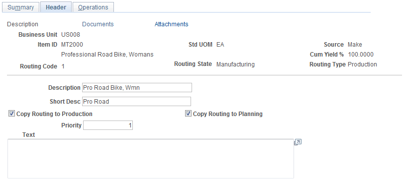 Define Routings - Header: Description page