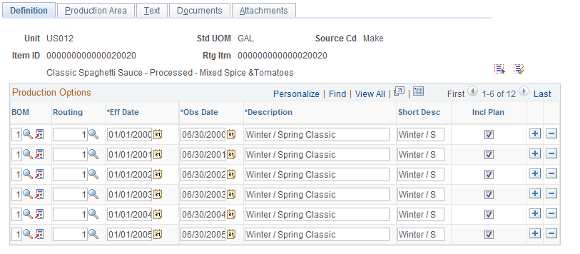 Define Production Options - Definition page