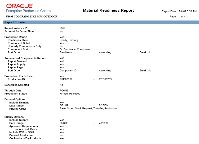 Example of the Report Criteria section of the Material Readiness report