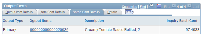Output Costs page: Batch Cost Details tab