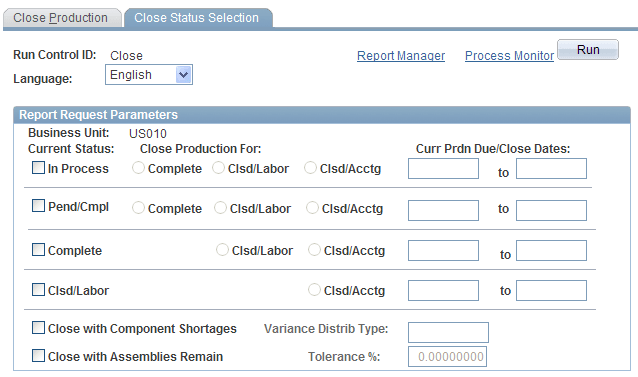 Close Status Selection page