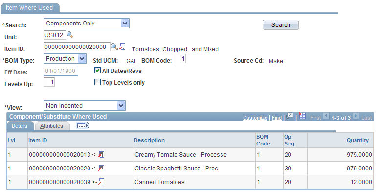 Item Where Used page
