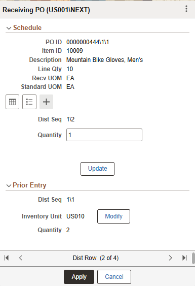 Receiving PO - Fluid Distribution Lines Single Entry page