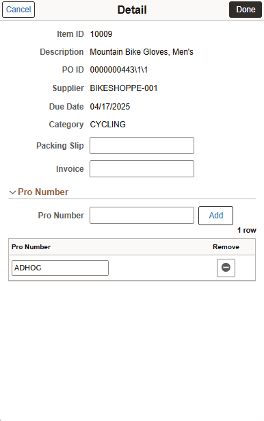 Receiving PO - Fluid Receipt Line Details page