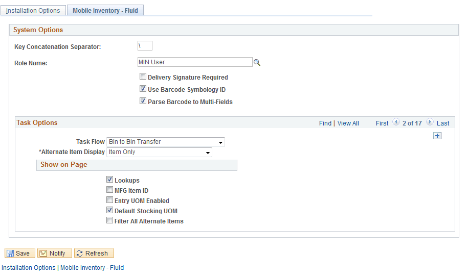 Installation Options - Mobile Inventory page (Bin to Bin Transfer task flow)