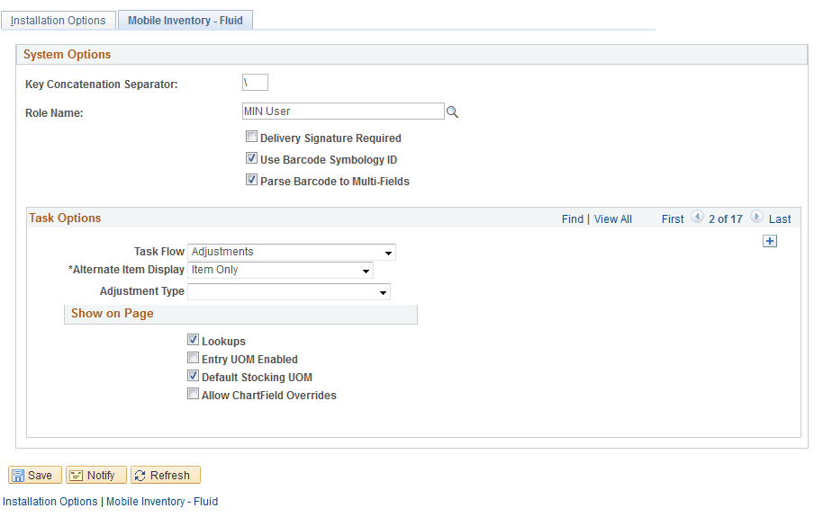 Installation Options - Mobile Inventory page for the Adjustments task flow