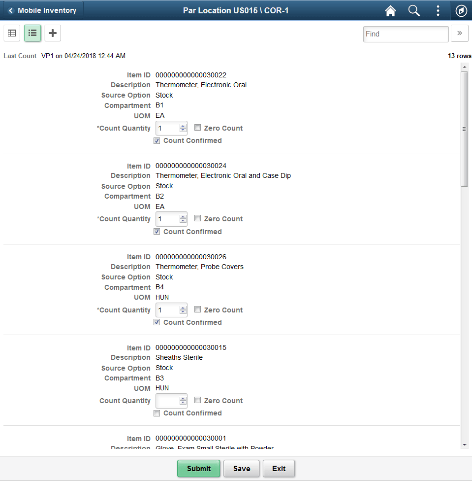 Par Count List View Fluid Page as seen on a tablet