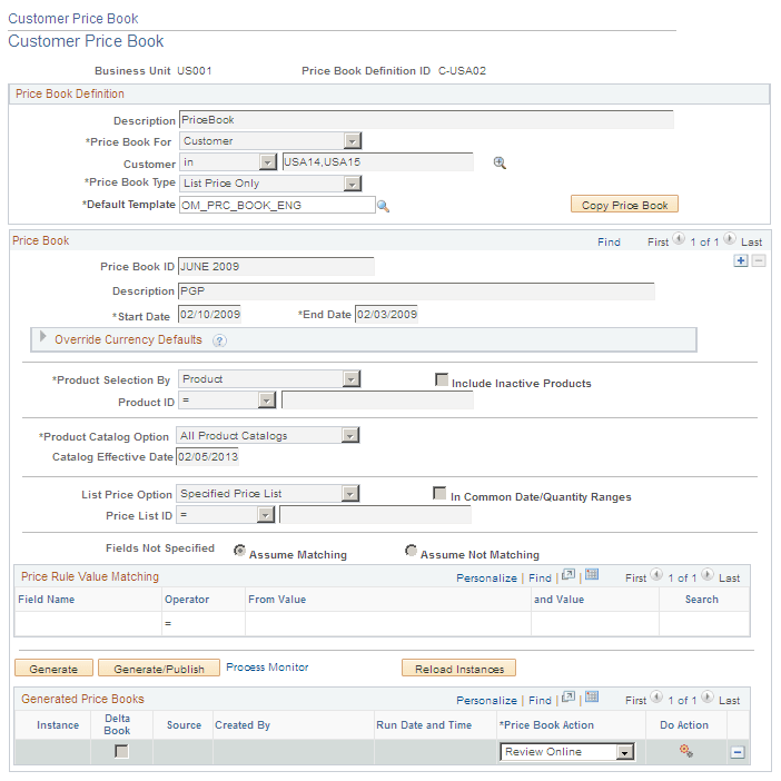 Customer Price Book page