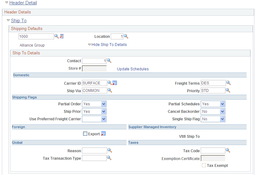 Order Entry Form page - Order Header (2 of 3)