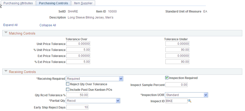 Purchasing Controls page (1 of 2)