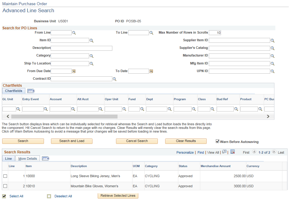 Maintain Purchase Order Advanced Line Search Page