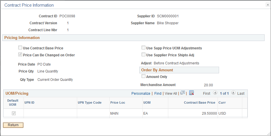 Contract Price Information page