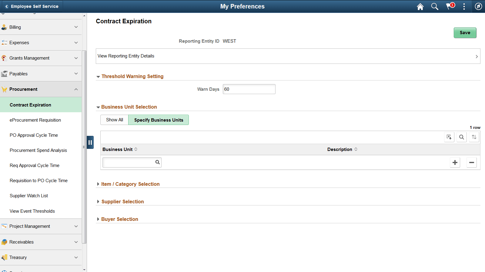 Procurement User Preferences - Contract Expiration Page