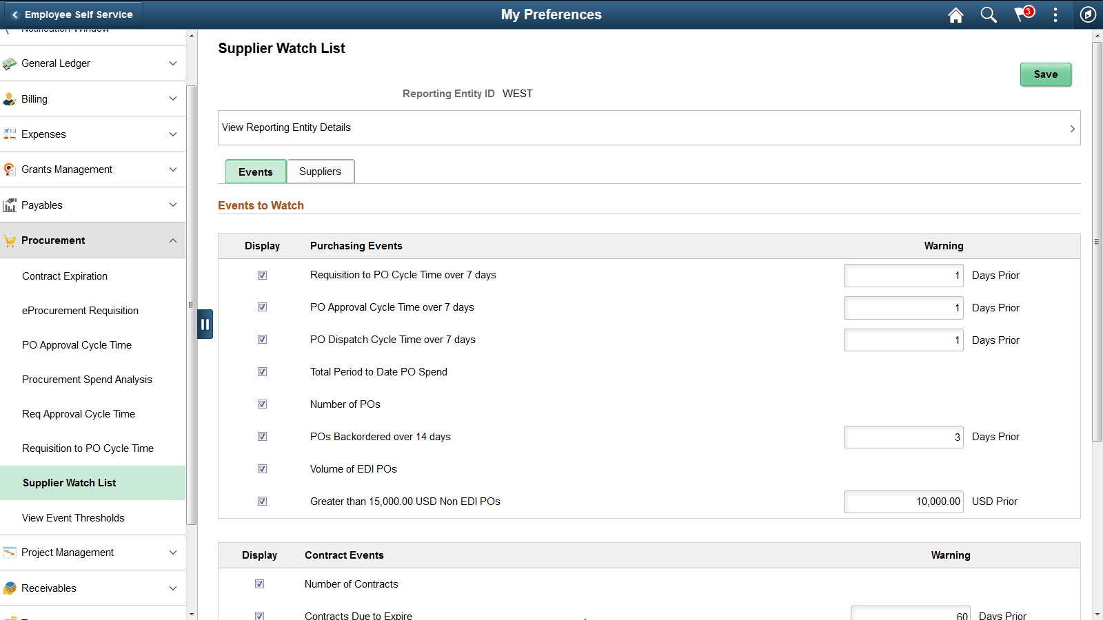 Procurement User Preferences - Supplier Watch List