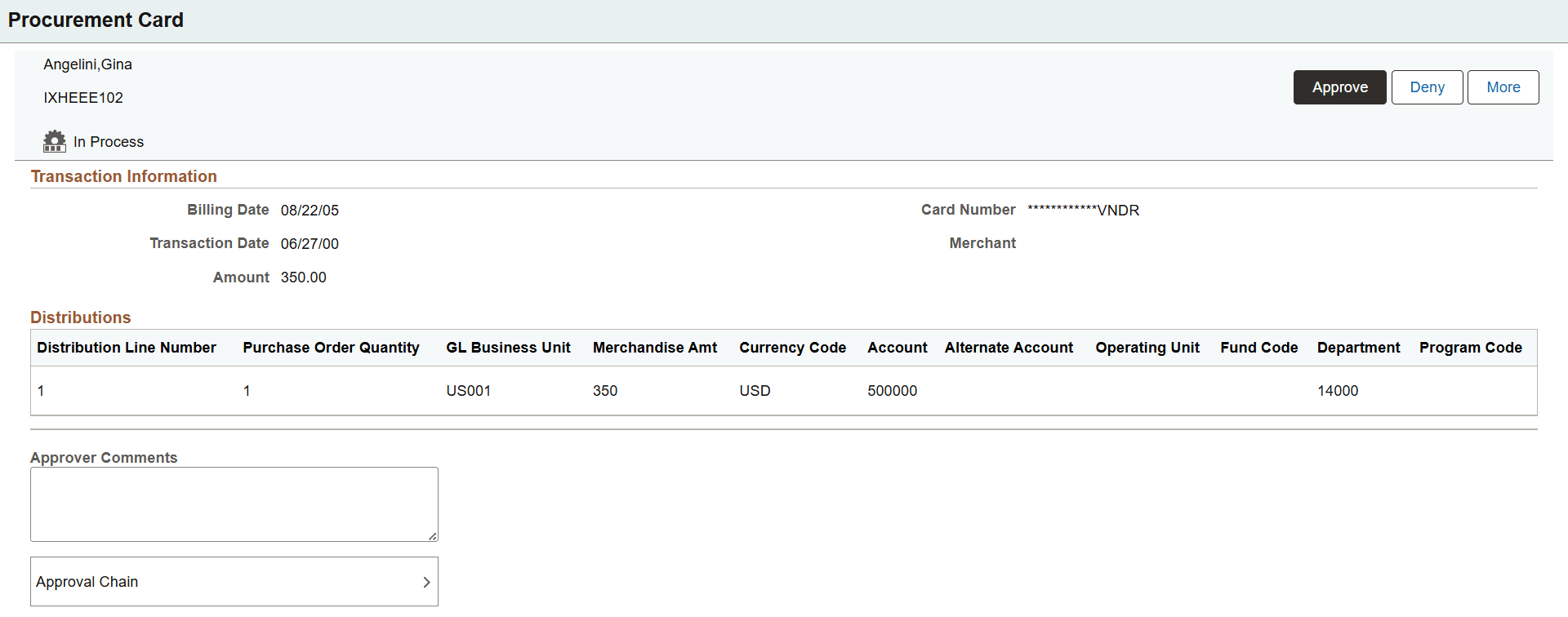 Procurement Card - Approval Header Detail page