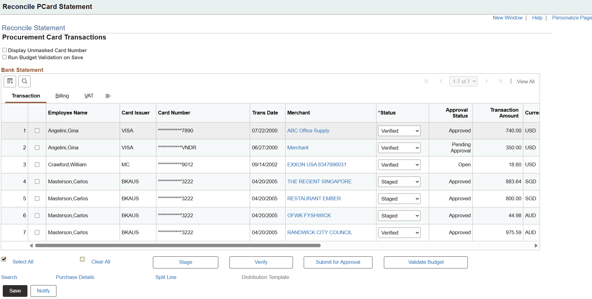 Reconcile Statement Search Result page