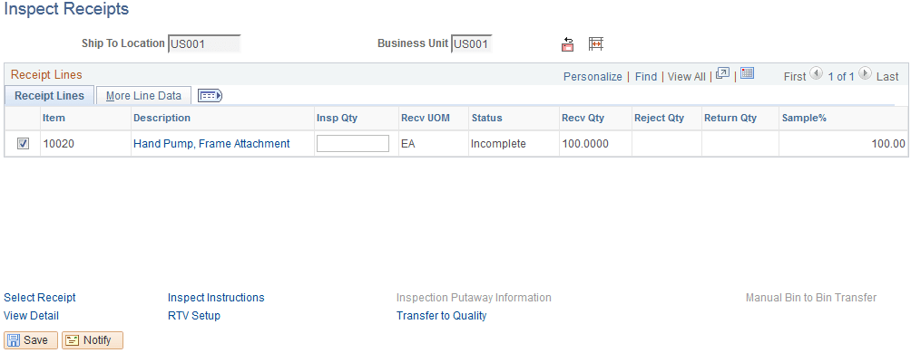 Inspect Receipts page