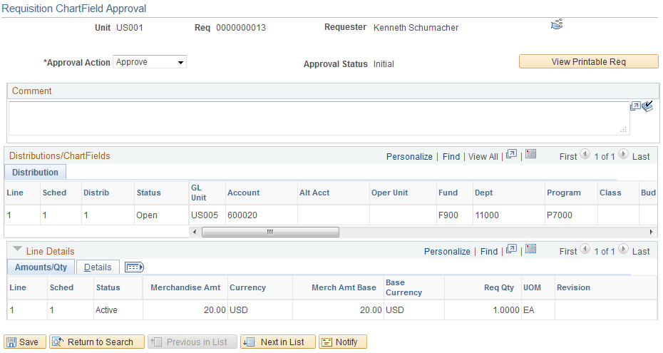 Requisition ChartField Approval page