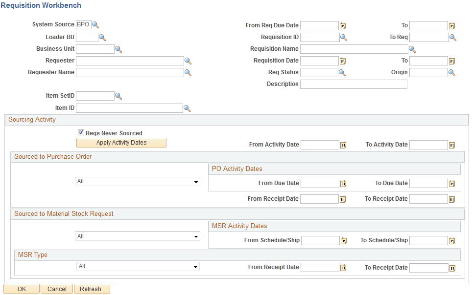 Requisition Workbench selection criteria page