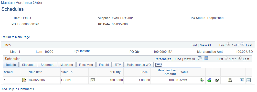 Maintain Purchase Orders - Schedules page