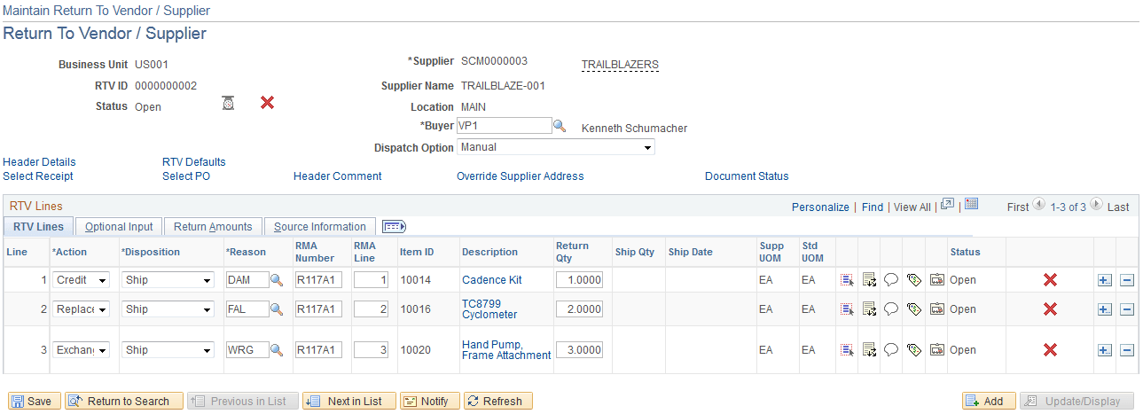 Return to Vendor page: RTV Lines tab