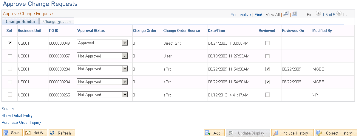 Approve Change Requests page