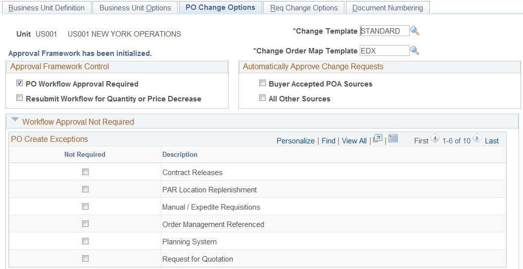 PO Change Options page (1 of 2)