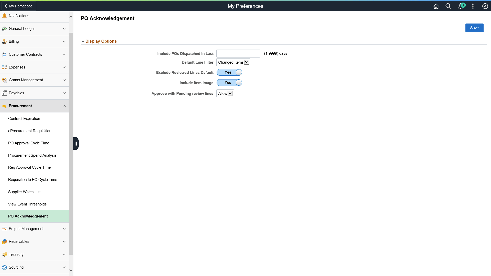 User Preferences PO Acknowledgement page