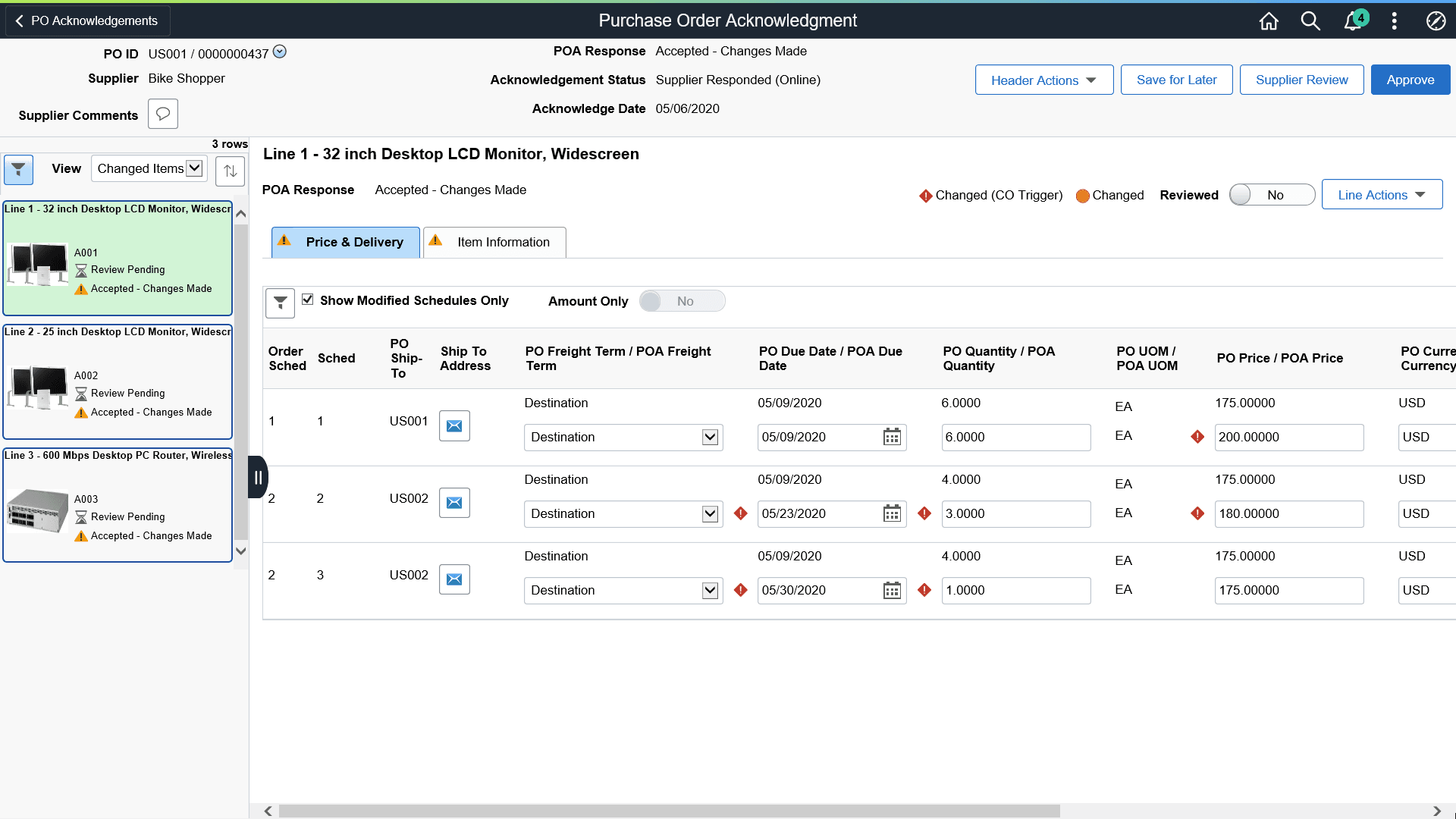 Purchase Order Acknowledgement Details page