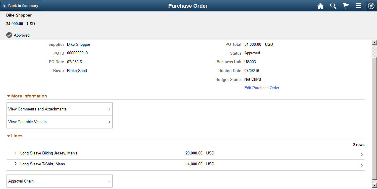 Approvals History - Purchase Order (Header Approval) Page