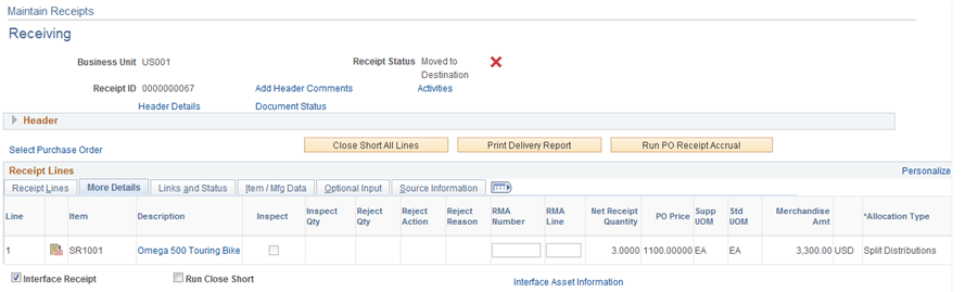 Maintain Receipts - Receiving page
