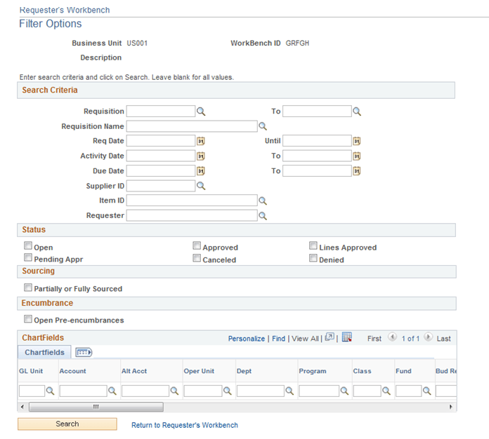 Requesters Workbench - Filter Options Page