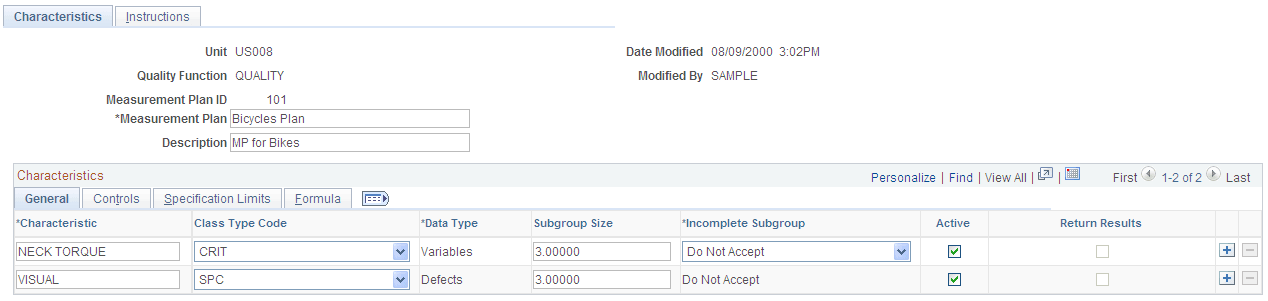 Measurement Plans - Characteristics page: General tab