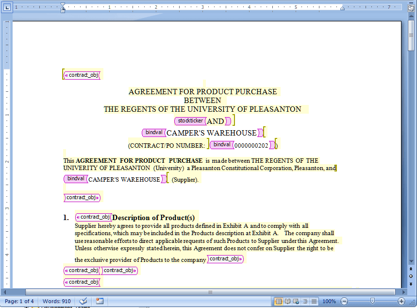 Example of Microsoft Word document and XML tags when you open the document for editing