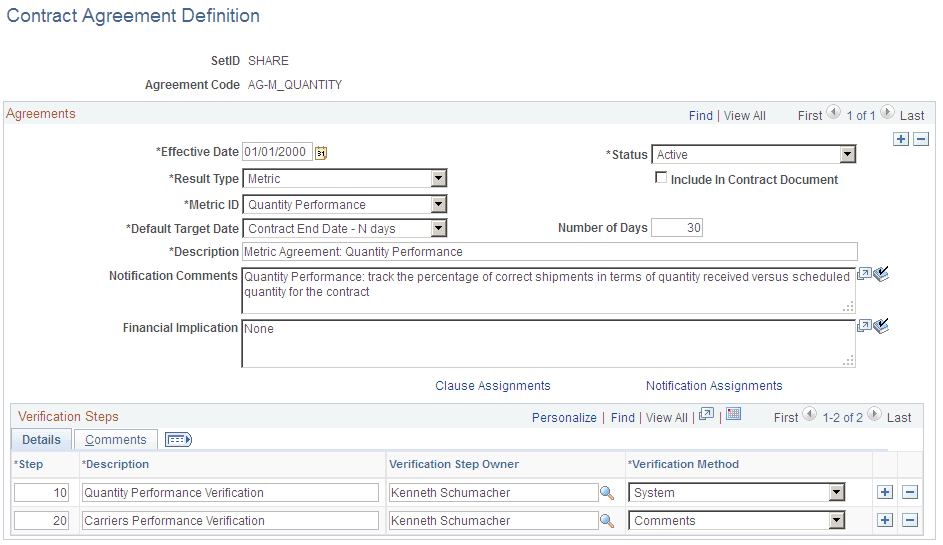 Contract Agreement Definition page: Details tab