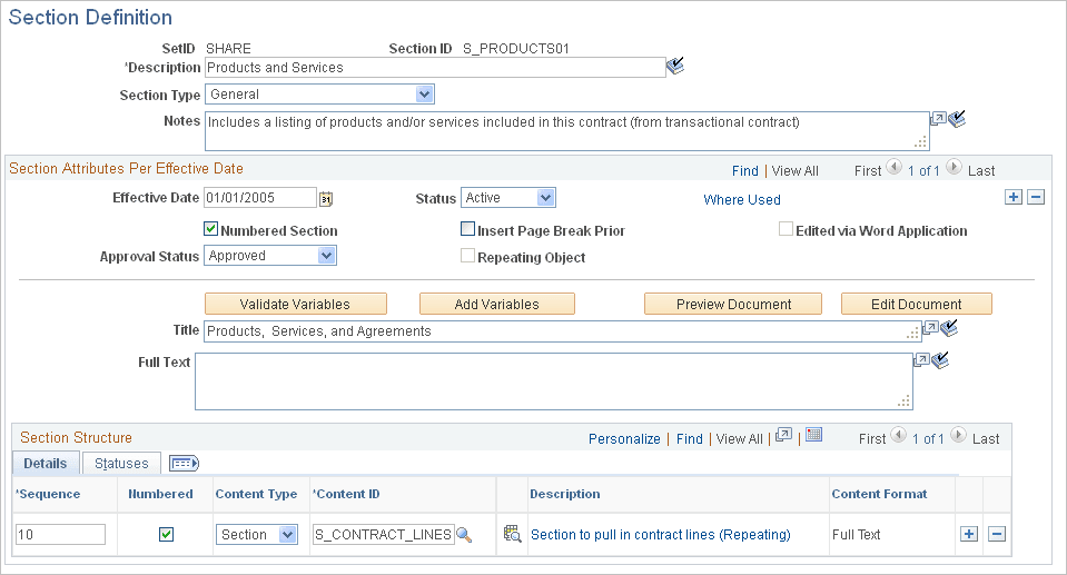 Section Definition page: Details tab