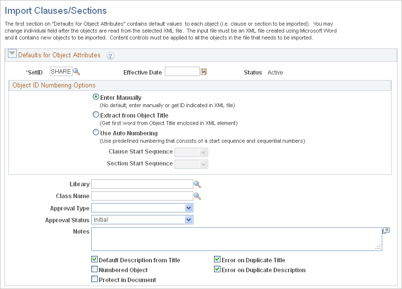 Import Clauses/Sections page (1 of 2)