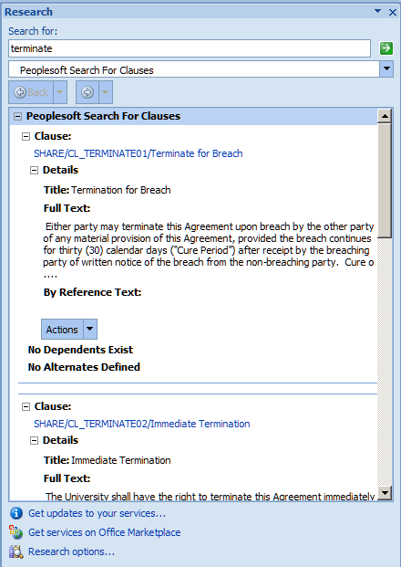 Example of a Microsoft Word - Research task pane