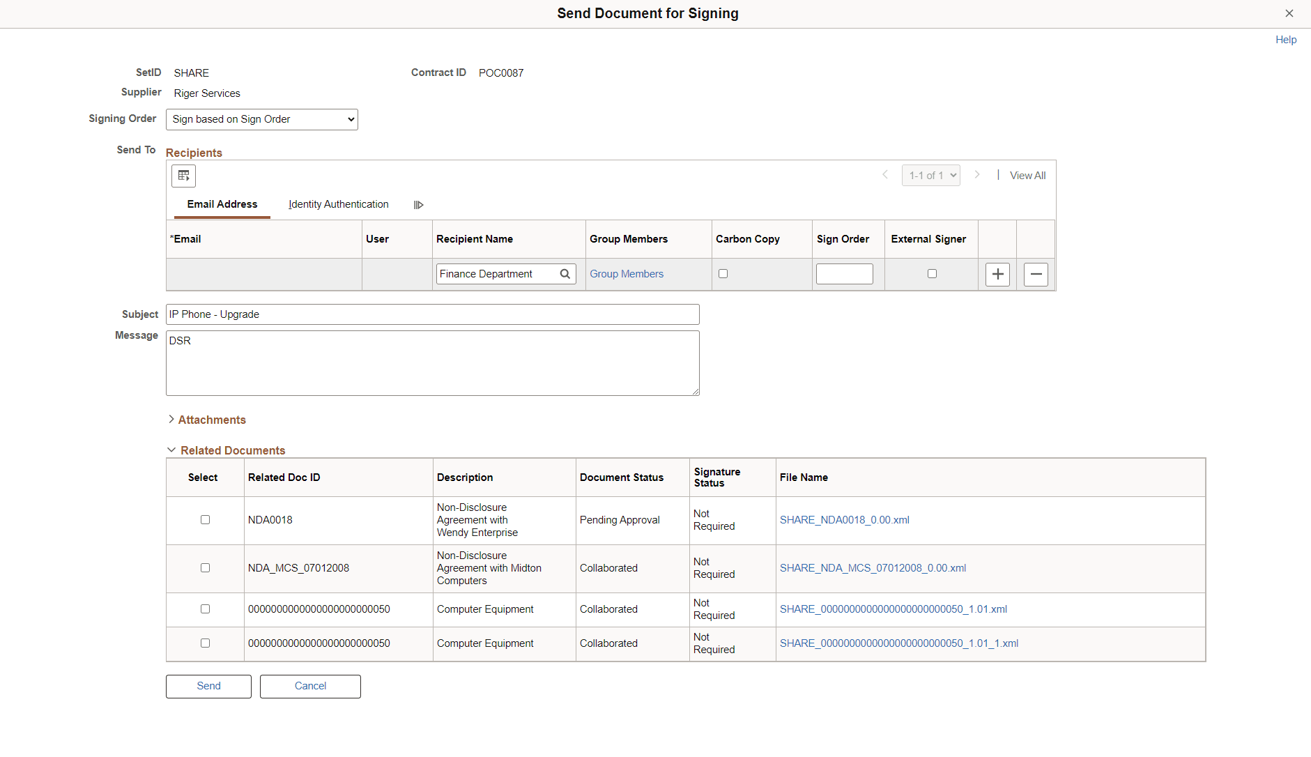 Send Document for Signing page - Adobe DocuSign