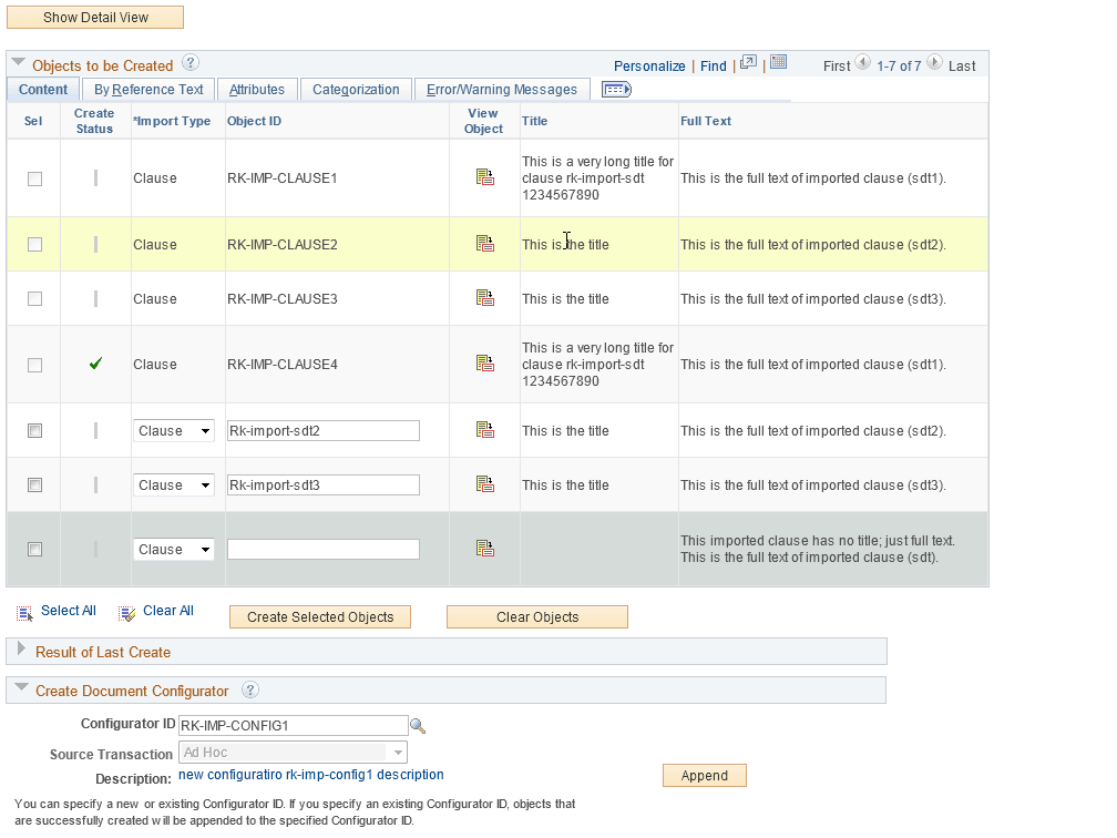 Example: Import Clauses/Sections page After Creating a New Document Configurator