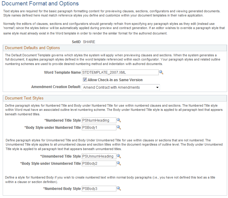 Document Format and Options page