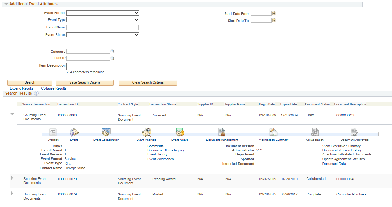 Supplier Contract Workbench - Sourcing Event Documents page (2 of 2)