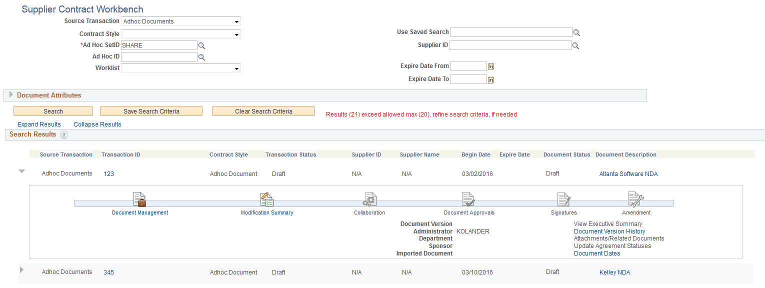 Supplier Contract Workbench - Ad Hoc Documents page