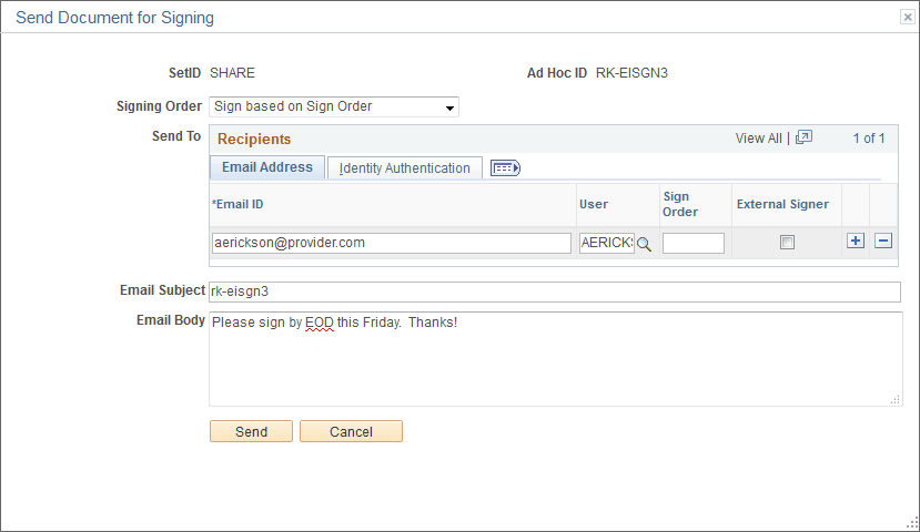 Send Document for Signing page - Adobe Document Cloud eSign Services (1 of 2)